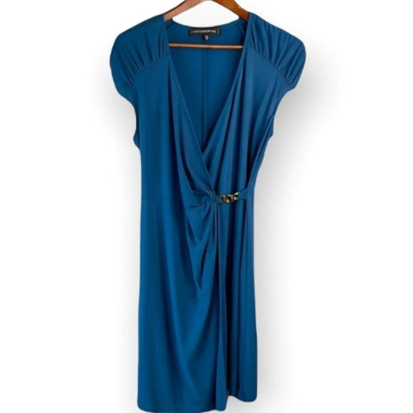 CONTEMPORAINE NWT Faux Wrap Dress Dark Teal Blue Chain Simons Ruched Size M - Picture 2 of 11
